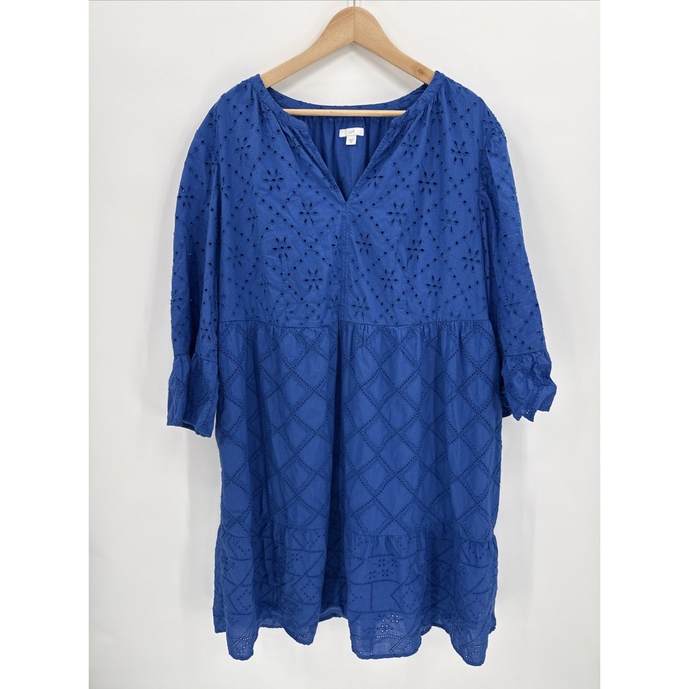 J. Jill Womens Electric Blue Eyelet V Neck 3/4 Sleeve Size 2X 100% Cotton Dress